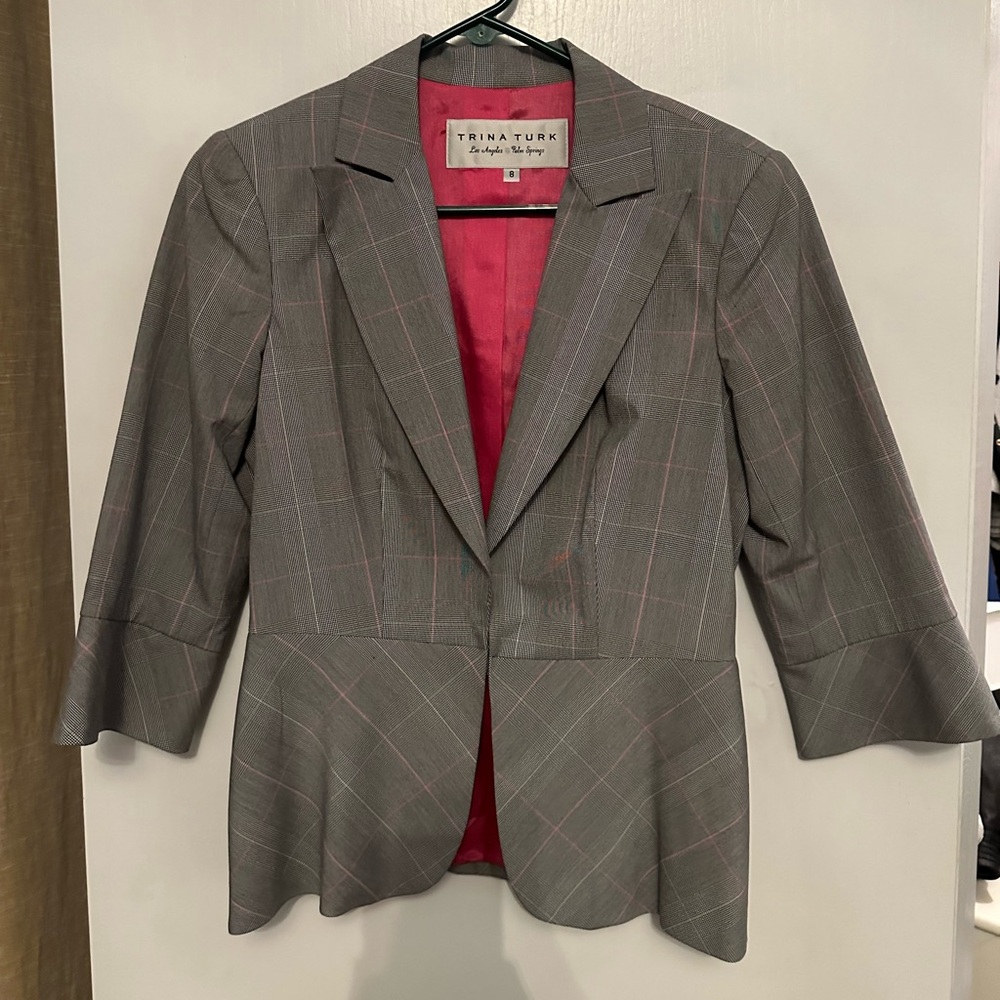 Trina Turk Blazer/Jacket in Black & White Plaid with Hot Pink Stripes - Size 8